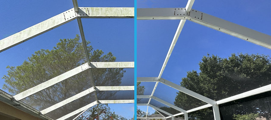 Lanai screen enclosure before and after cleaning