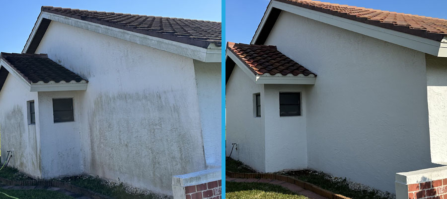 Exterior wall soft wash before and after on a Cape Coral home